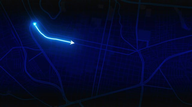 Glowing blue GPS route with a moving arrow on a dark city map of Oaxaca City, Oaxaca State, Mexico, 4K animation