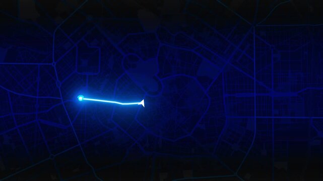 Glowing blue GPS route with a moving arrow on a dark city map of Milan, Lombardy, Italy, 4K animation