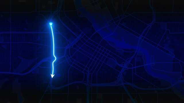 Glowing blue GPS route with a moving arrow on a dark city map of Minneapolis, Minnesota, United States, 4K animation