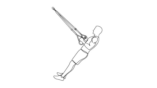 Man doing TRX back workout. Continuous one line drawing of suspension training. Minimalist vector illustration