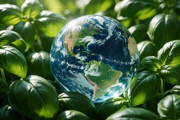 Naklejka premium Planet Earth rests among fresh green basil leaves, symbolizing eco friendly living and nature. This image relates to sustainable farming and healthy plant based diets.