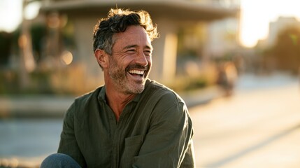 Fototapeta premium Outdoor portrait of a man in casual wear, bright smile and positive mood