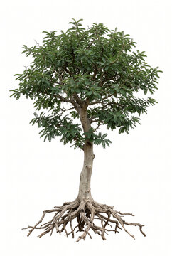 African Blackwood &mdash; Mature African Blackwood tree, dense dark green foliage and sturdy trunk, exposed visible roots, 23 ratio, isolated on seamless pure white background