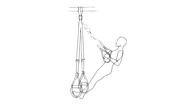 TRX suspension training and fitness workout concept. Continuous one line drawing of a person exercising with straps. Minimalist vector illustration