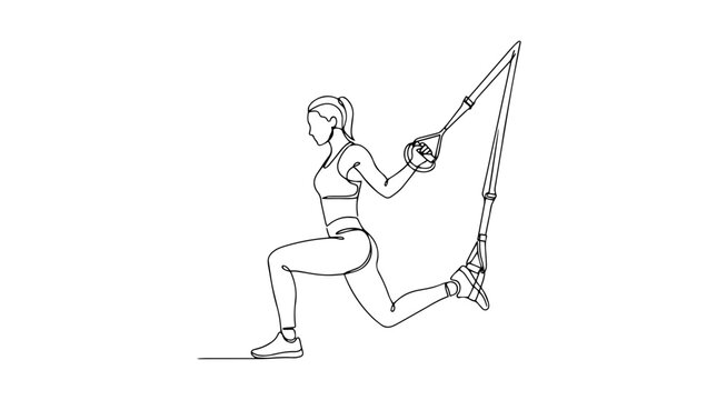 TRX leg exercise and suspension training concept. Continuous one line drawing of a woman doing a suspended lunge. Minimalist vector illustration