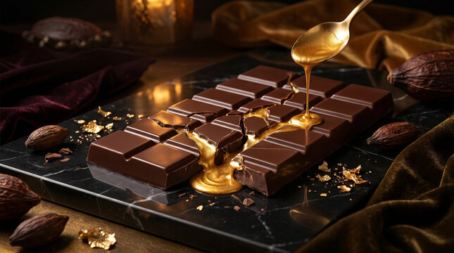 Premium dark chocolate bar on a black marble slab with molten liquid gold being poured from a golden spoon into a crack, featuring cocoa beans and gold leaf flakes in a moody, elegant setting