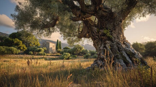 enormous ancient olive tree standing in a Mediterranean valley, twisted weathered trunk, thousands of silver green leaves, stone farmhouse