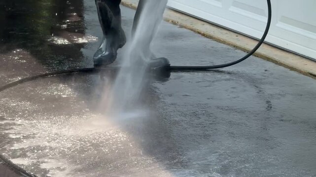 Person wearing heavy rubber boots washing off asphalt driveway and kicking hose out of the way