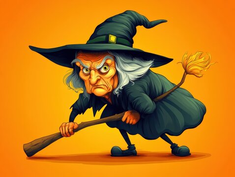 A playful cartoon illustration of an old, mean-looking witch flying on a wooden broomstick, centered against a solid, bright yellow background.
