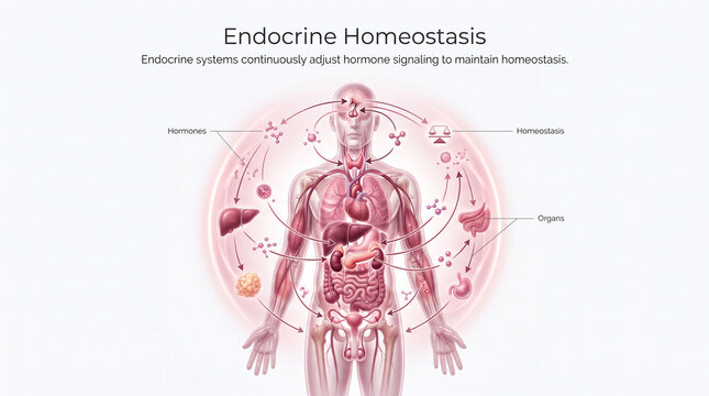 Comprehensive medical illustration showing endocrine homeostasis pathways