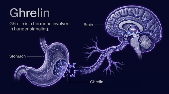 Scientific graphic of ghrelin hormone mechanism and hunger signaling pathways