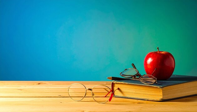 Red apple on closed book beside eyeglasses on wooden surface with blue‑green gradient background&mdash;symbolizing knowledge, clarity, and intellectual curiosity.