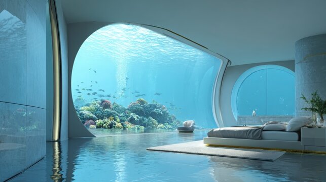 futuristic underwater hotel room with enormous panoramic glass windows overlooking a coral reef, tropical fish swimming outside, soft blue ambient