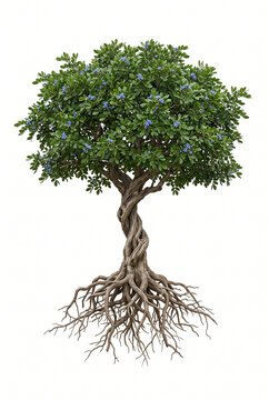 Lignum Vitae &mdash; Mature Lignum Vitae tree, compact dense evergreen canopy, sturdy twisted trunk, exposed visible roots, 23 ratio, isolated on seamless pure white background
