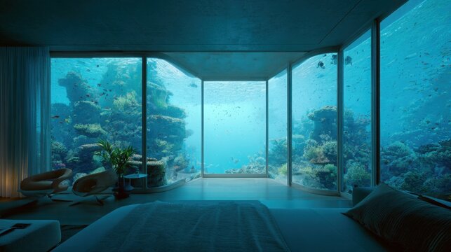 futuristic underwater hotel room with enormous panoramic glass windows overlooking a coral reef, tropical fish swimming outside, soft blue ambient