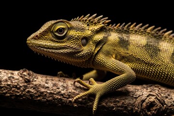 Fototapeta premium Spiky forest dragon lizard rests on tree branch closeup. Green Gonocephalus chamaeleontinus reptile shows detailed scales and eye. Wild jungle animal exhibits camouflage pattern.