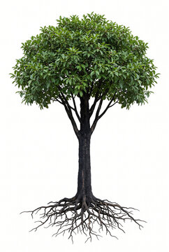 Ceylon Ebony &mdash; Mature Ceylon Ebony tree, lush evergreen canopy, thick straight trunk, exposed visible roots, 23 ratio, isolated on seamless pure white background,