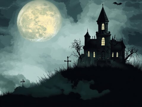 Symmetrical front view of a dark gothic castle standing on a hill under a giant full moon, surrounded by leafless trees on a foggy night.
