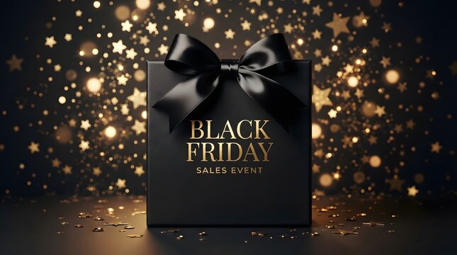 Elegant Black Friday Gift Box with Golden Stars and Festive Glitter Background for Holiday Sales Event