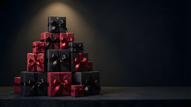 Elegant stack of vibrant red and sleek black gift boxes with satin ribbons under warm lighting