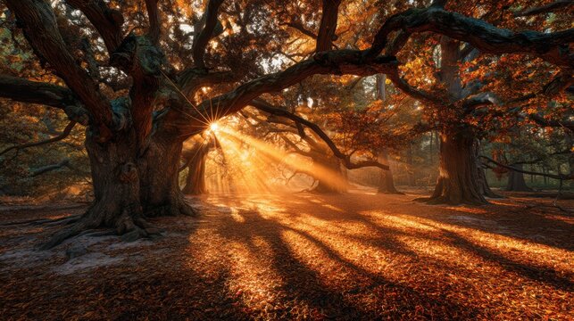 Intense orange golden sunset beam breaking through massive old oak trees, illuminating a carpet of dry leaves and revealing atmospheric dust