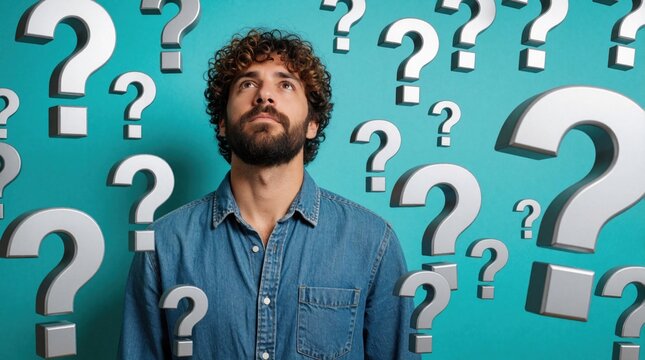 Man with beard and curly hair stands surrounded by large question marks. He looks upwards, contemplating answers to complex problems, seeking clarity and solutions.