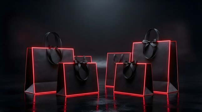 Illuminated luxury shopping bags with red glowing edges showcasing elegance and sophistication in a dark minimalist setting