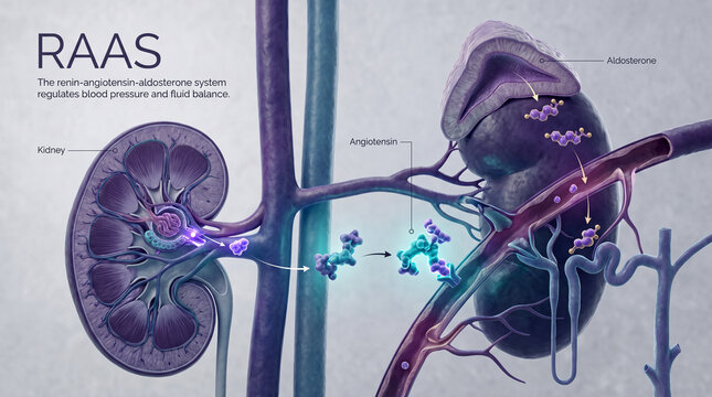 Medical illustration of the renin-angiotensin-aldosterone system explaining