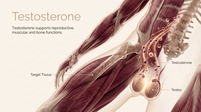 Medical illustration showing testosterone transport in blood and muscle mass
