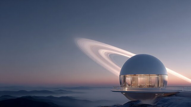 Futuristic architectural design on a planetary surface with an ethereal cosmic backdrop