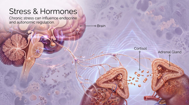 Medical illustration explaining stress hormones and autonomic regulation