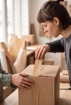 Woman sealing a cardboard box with paper adhesive tape for shipping in small business workshop