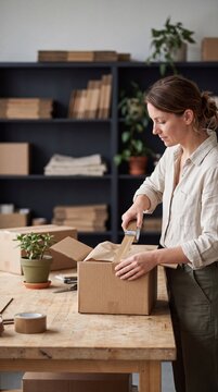 A young female small business owner uses a tape dispenser to seal a cardboard box order for shipping in her workshop