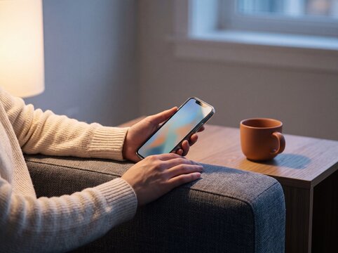 Person holding a modern smartphone while relaxing on a comfortable sofa at home next to a coffee cup
