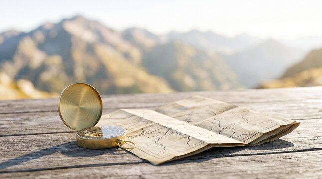 Vintage compass resting on an unfolded map on a wooden table with a scenic mountain landscape in the background under clear blue sky