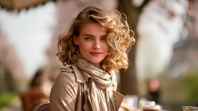 Paris, France, Europe. A side profile of a woman with wavy, blonde hair, wearing a beige trench coat and a lightcolored scarf. She sits at a table with a cup of coffee in front of her.