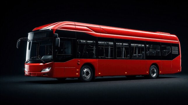 Modern red bus stands against dark background. Sleek public transport vehicle shows side view with large windows, aerodynamic design. Urban commuter coach features contemporary automotive style for