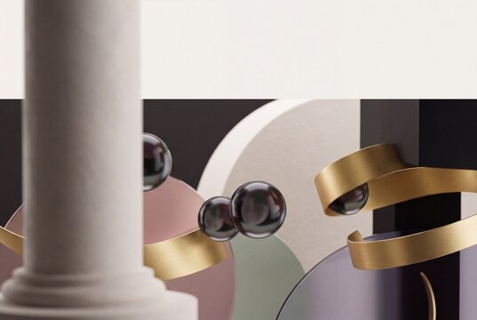 Abstract 3D geometric background with classical column, floating iridescent dark spheres, and elegant curved gold metallic ribbons