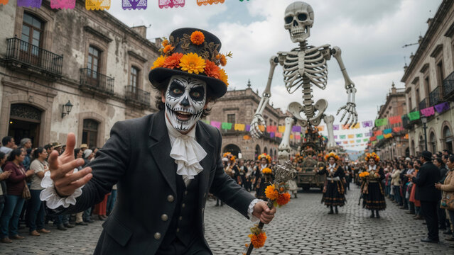 Man with sugar skull face paint leading parade on Day of the Dead, Mexican culture and holiday carnival