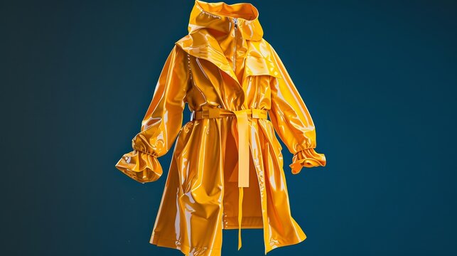 A vibrant yellow glossy raincoat with hood, belt and ruffled cuffs isolated on a blue background