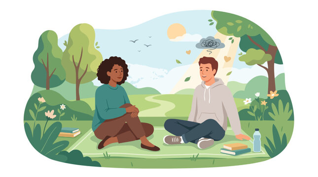 Diverse couple sitting together having a conversation in the park.