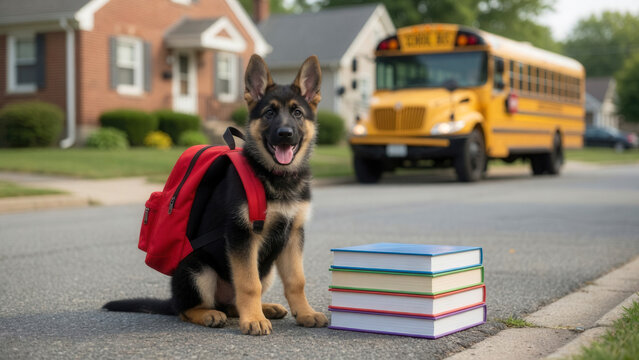 German Shepherd puppy wearing backpack with books on street, school bus, back to school and pet education