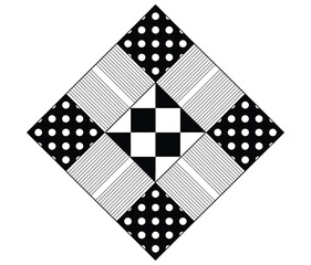 Fototapeta premium Seamless monochrome patchwork vector pattern with black and white geometric tiles, abstract shapes, repeating textile motifs, and contemporary decorative surface design for fabric and backgrounds