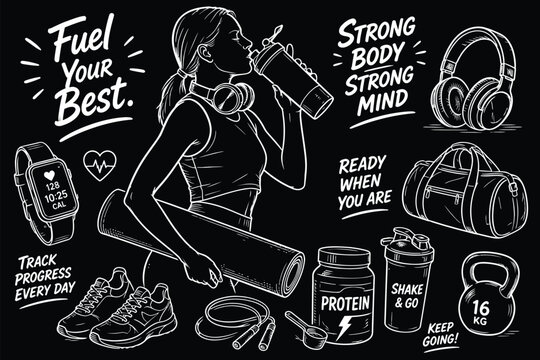Fitness lifestyle icons featuring an active female with gym equipment.