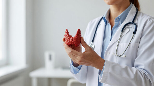 Doctor holding anatomical thyroid model in medical office, endocrinology awareness and medical education