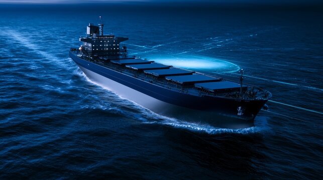 Cargo ship navigating digital maritime logistics technology
