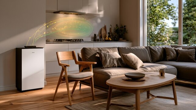 Air purifier cleaning modern living room and kitchen air