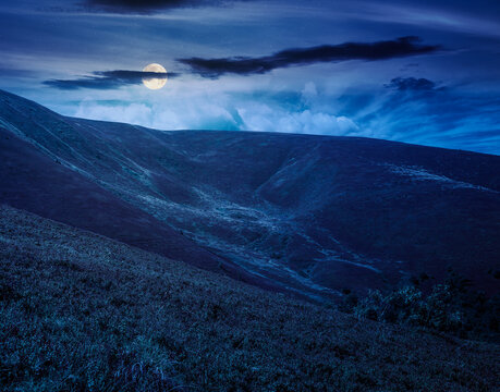 carpathian mountain landscape. travel ukraine in summer. slopes mountain ridge in august at night. wonderful carpathian adventure in full moon light