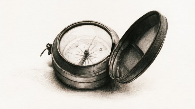 Hand-drawn pencil illustration of a compass in clamshell case