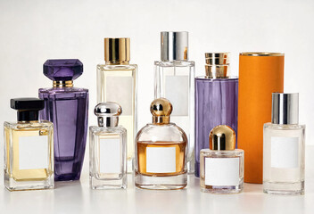 Several decorative fragrance bottles are displayed in a studio arrangement, featuring clear glass, colorful liquids, metallic caps, and distinctive geometric designs. © ginettigino